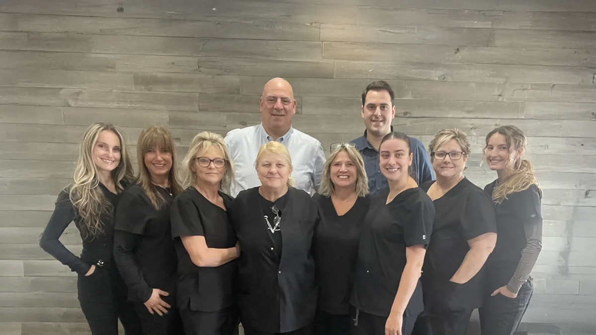 Team photo in building