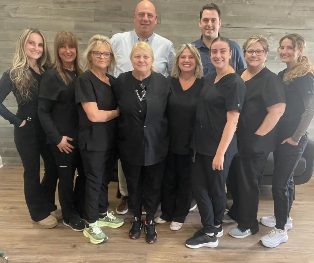 Team photo in building